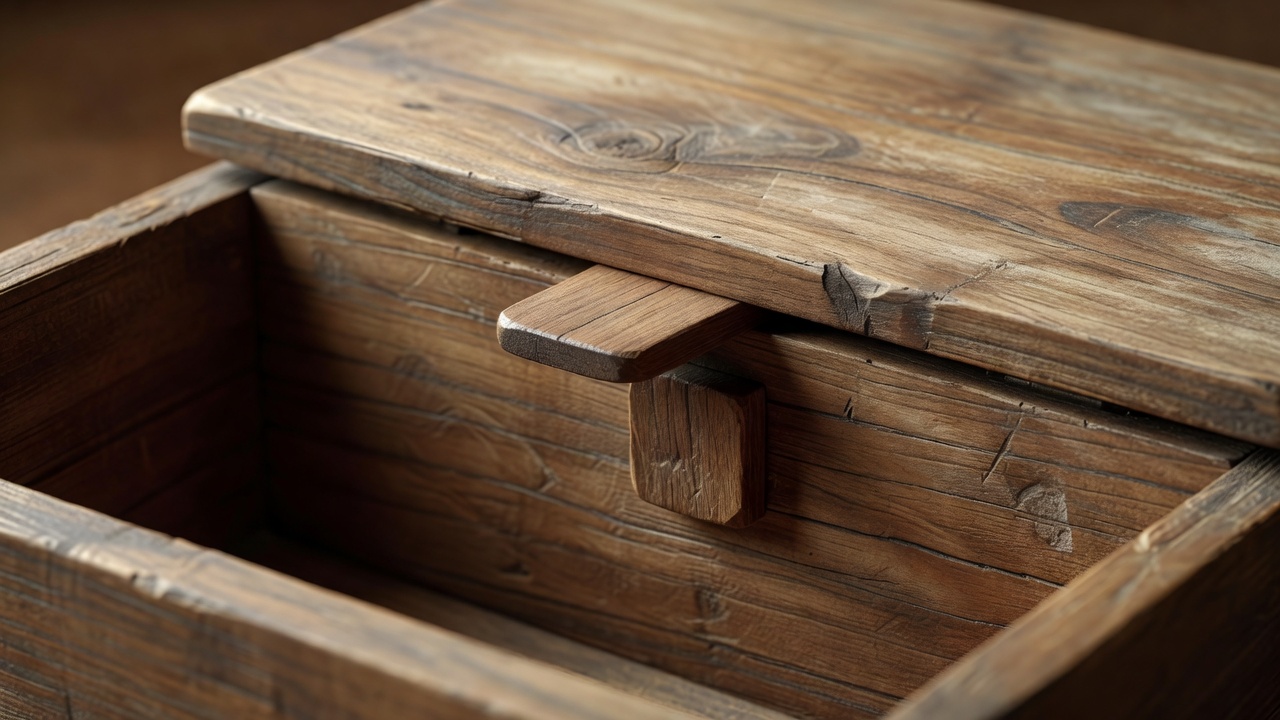 A short wooden tongue beneath a lid overlapping a keeper on the inside wall of a box