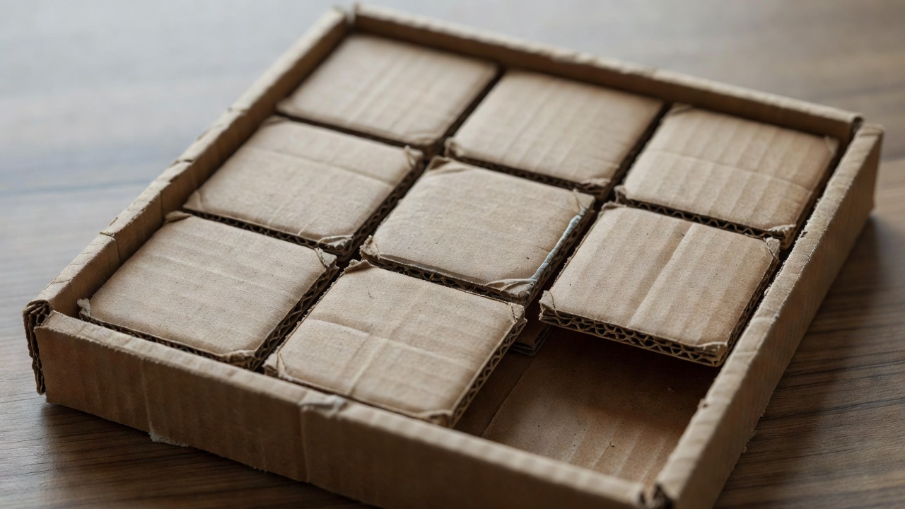 Eight numbered cardboard tiles arranged in a three-by-three tray with one empty space