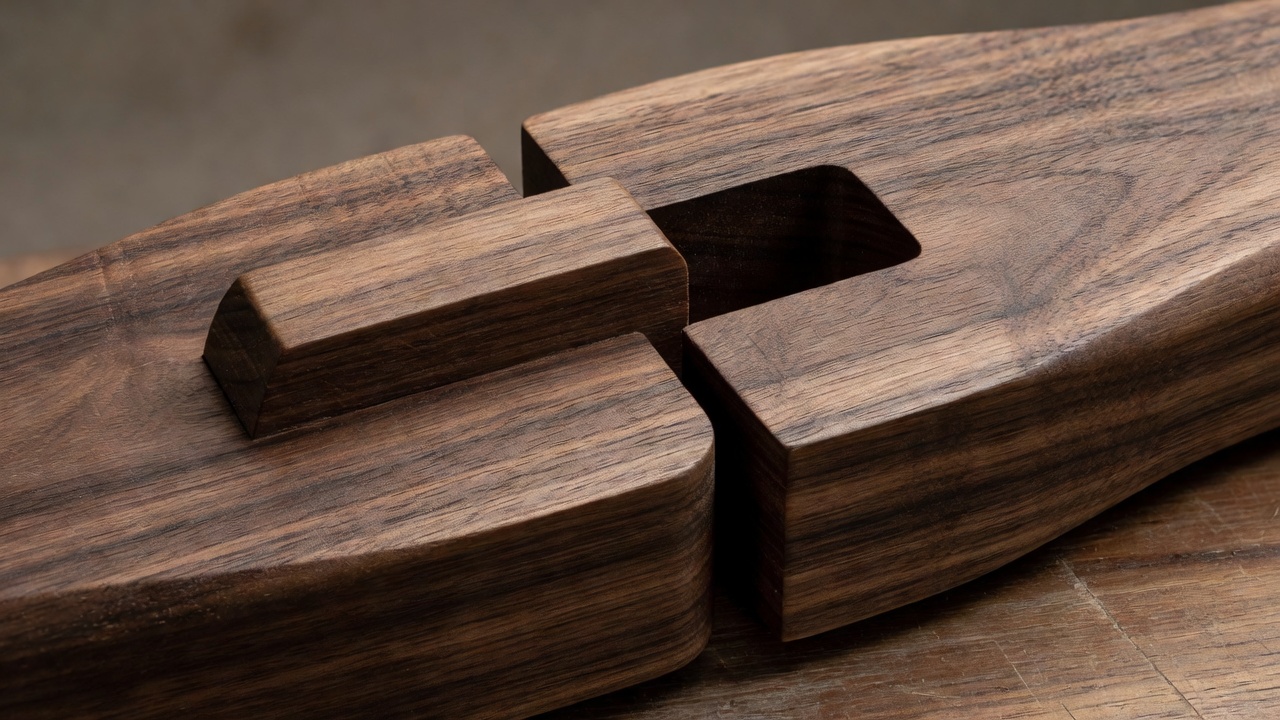 Two notched wooden pieces partly separated to reveal the mating shoulders and flat contact faces