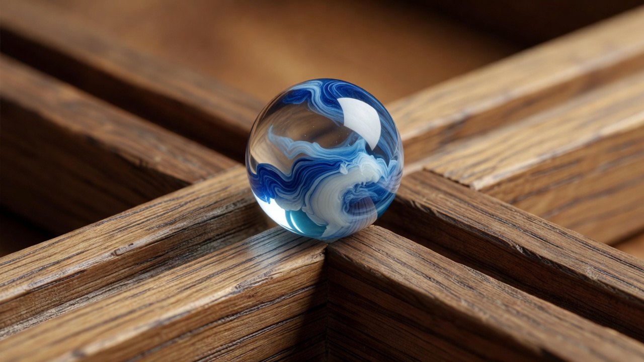 A glass marble at a three-way wooden channel junction with smooth wall edges and a level floor